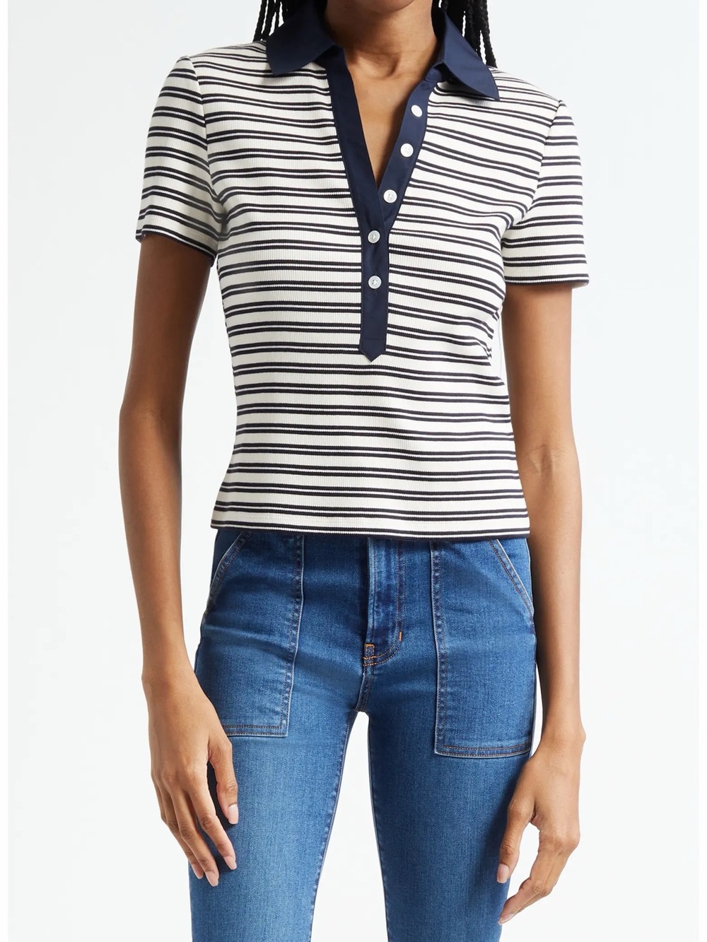 Veronica Beard Kearney Stripe Rib Stretch Cotton Polo In Ecru Navy Size XS